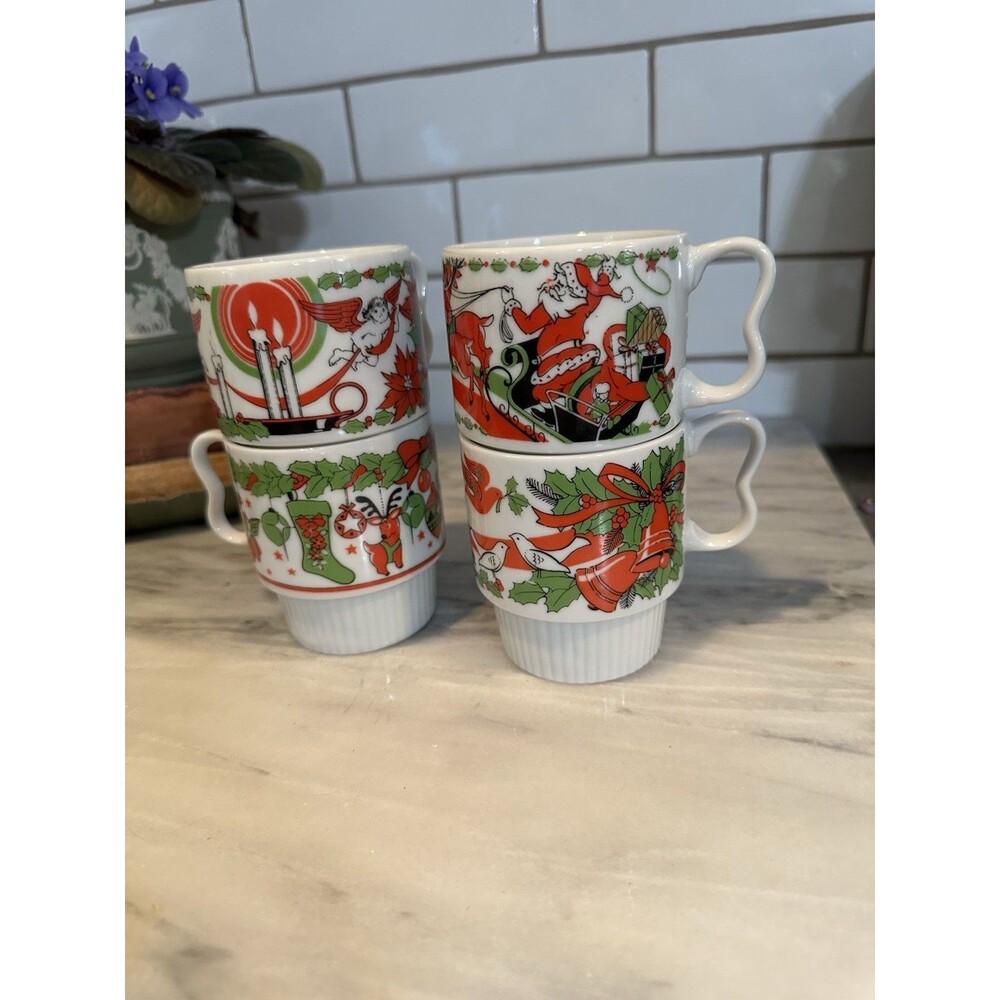Set of 4 Vintage Mid Century Stacking Christmas Mugs Trimont Ware Japan - Picture 9 of 12